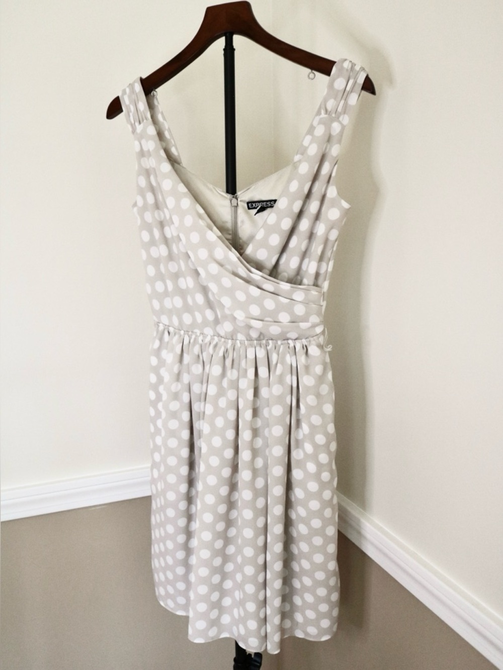 Express Taupe and White Polka Dot Midi Dress